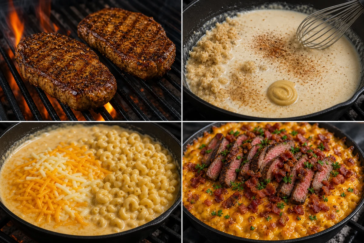 Four stages showing two steaks grilled, roux and milk whisked, cheeses melted with macaroni, and steak mac baked golden