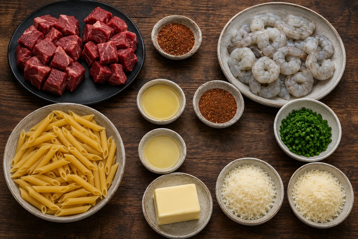 Two cubed ribeyes, shrimp, two Cajun seasoning portions, beef tallow, penne, butter, Romano, Parmesan, and chives