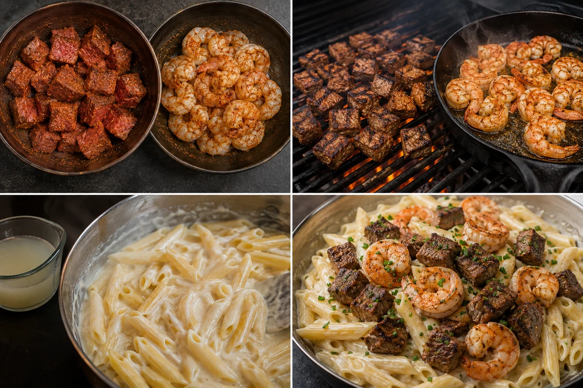 Four stages showing steak and shrimp seasoned separately, both proteins cooked, penne tossed into Alfredo, and the finished pasta topped with both