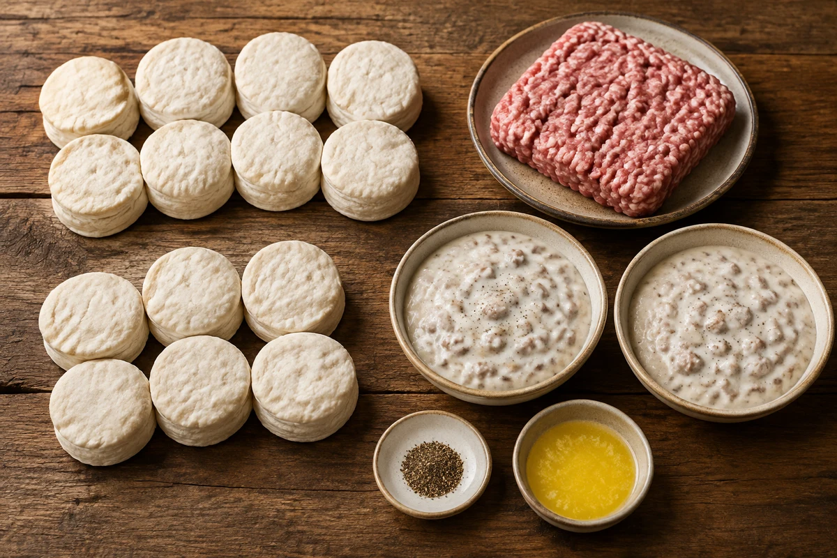 Two tubes jumbo butter biscuits, pork sausage, two cans country sausage gravy, pepper, and melted butter