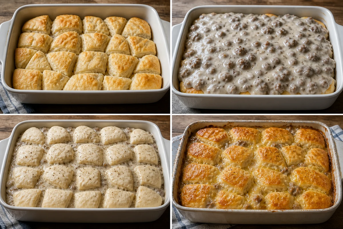 Four stages showing biscuit base partially baked, sausage browned, gravy layered, and casserole topped and baked