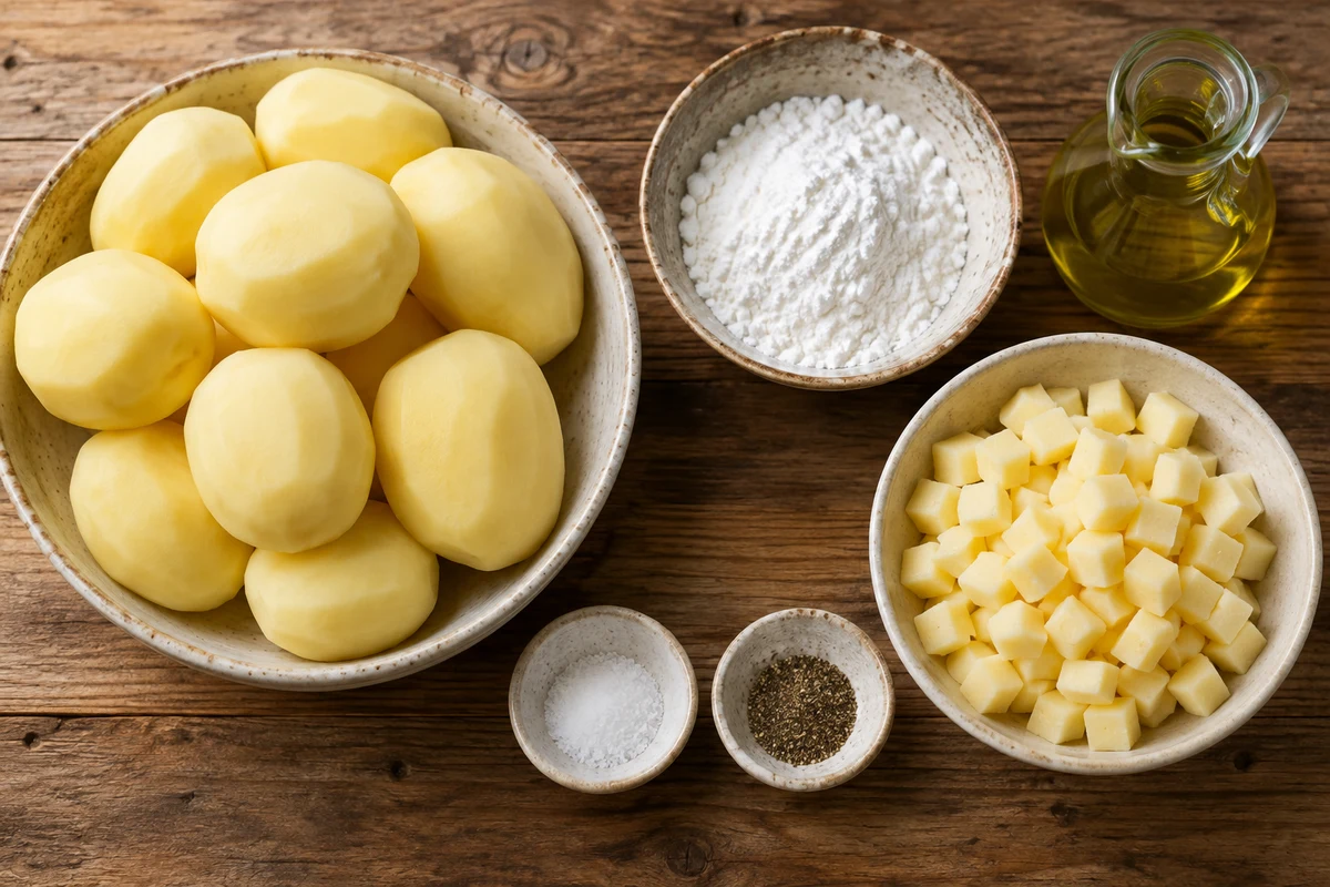 Peeled gold potatoes, potato starch, salt, pepper, Fontina or mozzarella cubes, and olive oil