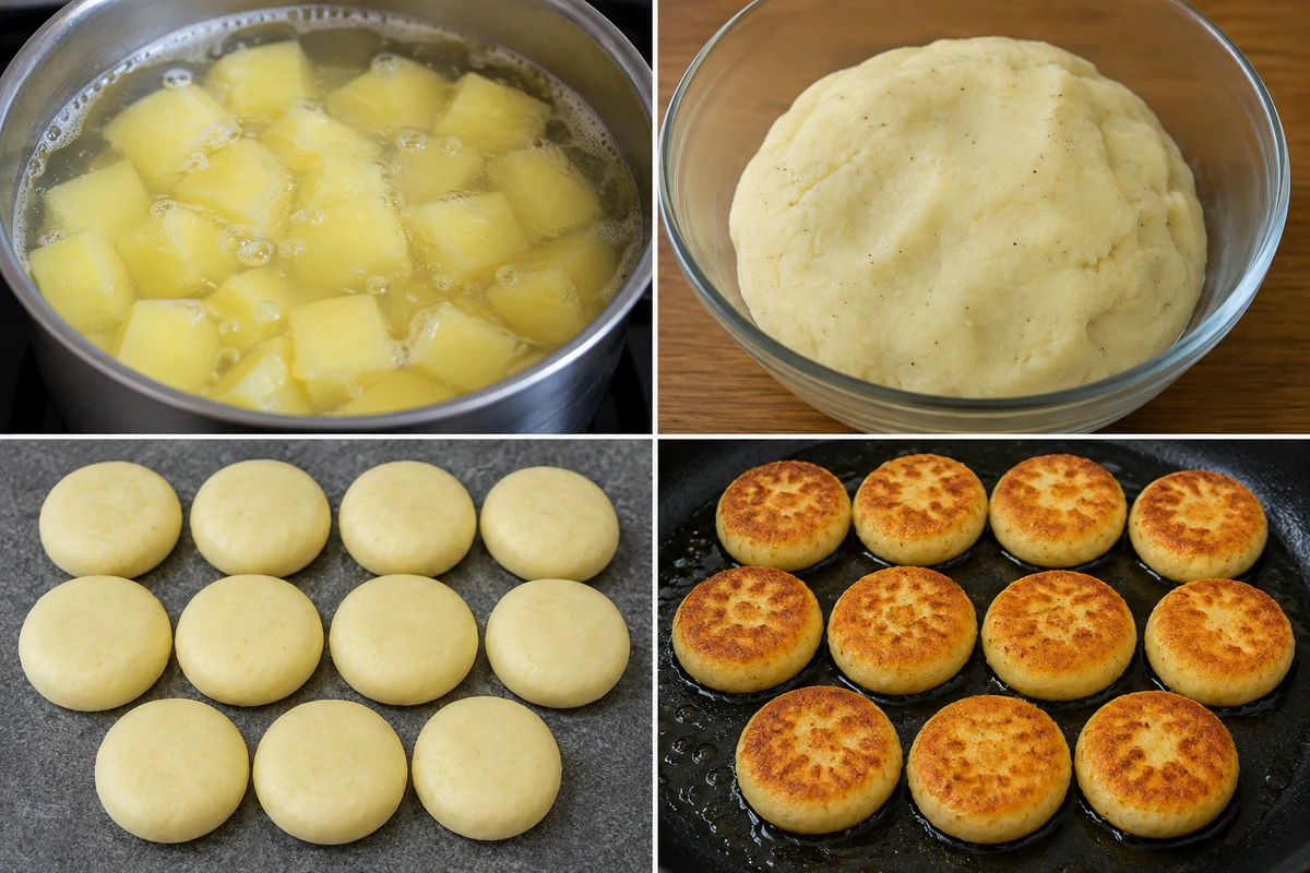 Four stages showing potatoes boiled and mashed, dough formed, eleven cakes stuffed with cheese, and cakes fried golden