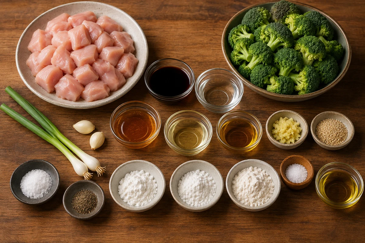 Chicken breast, broccoli, soy sauce, honey, sesame oil, rice vinegar, ginger, garlic, sesame seeds, cornstarch, flour, green onions, and olive oil
