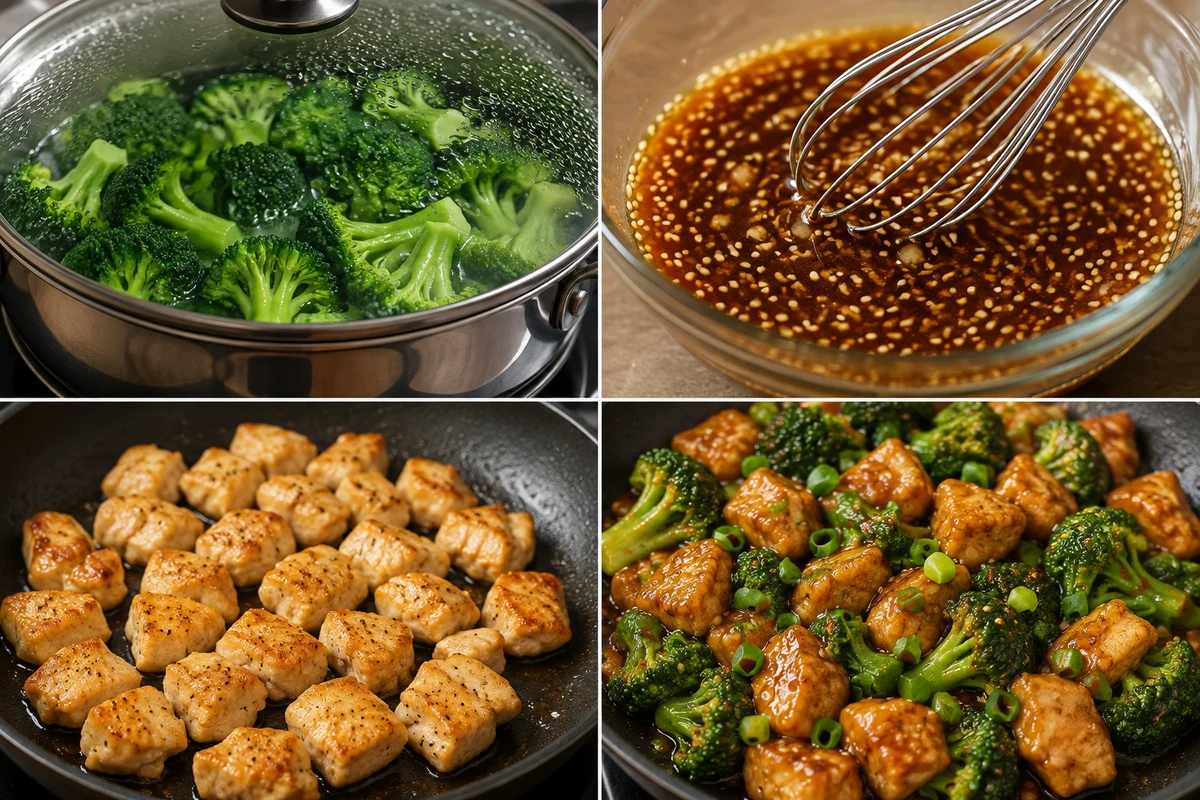 Four stages showing broccoli steamed, chicken coated, chicken browned, and honey sesame sauce folded with broccoli