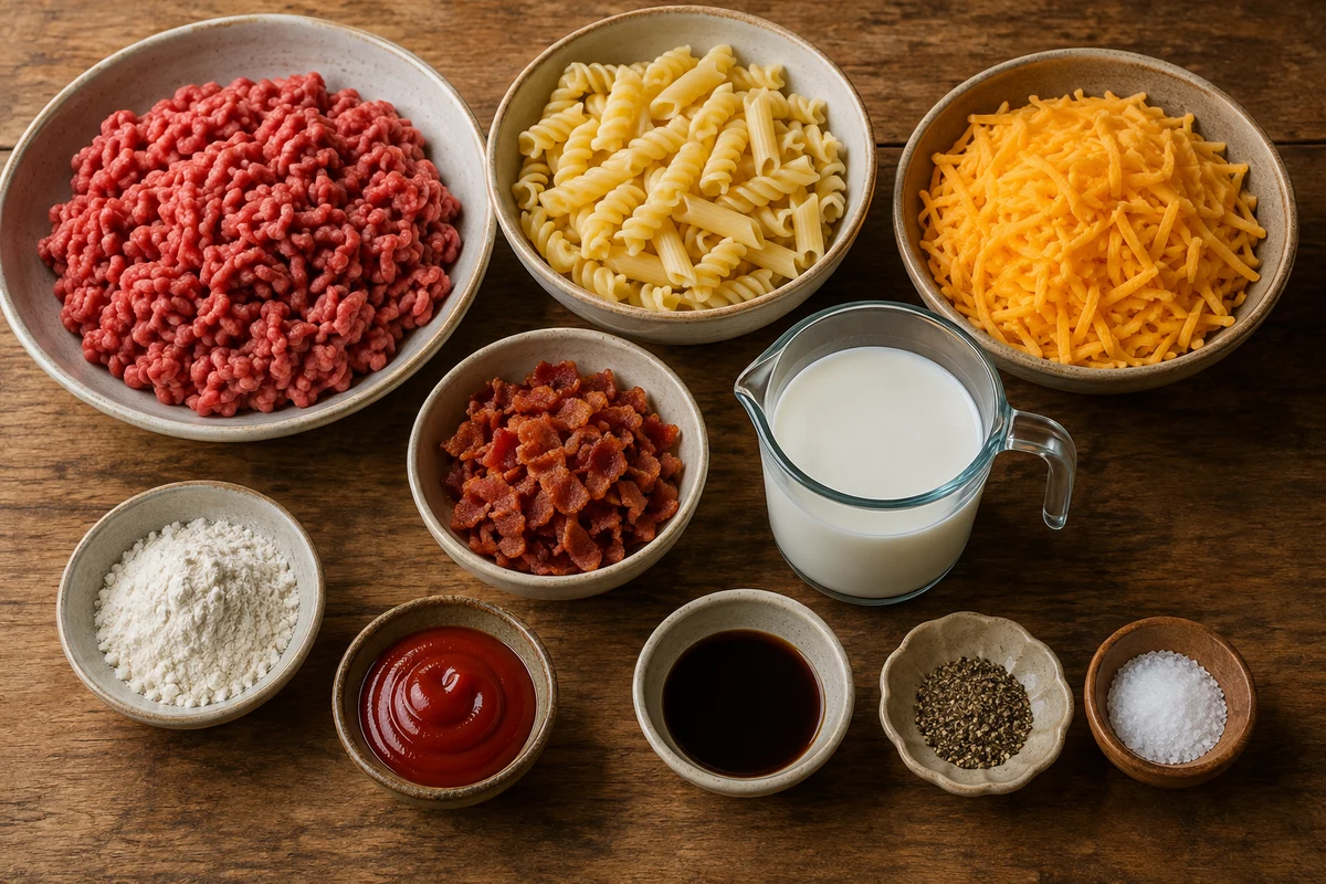 Ground beef, cooked pasta, bacon, cheddar, milk, flour, ketchup, Worcestershire sauce, salt, and pepper