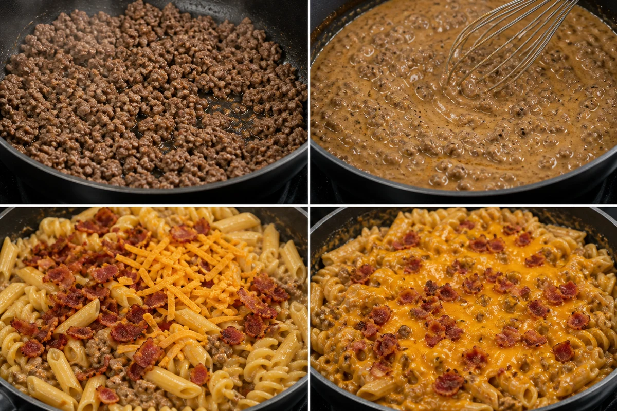 Four stages showing beef browned, flour stirred in, milk and condiments thickened, and pasta finished with bacon and cheddar
