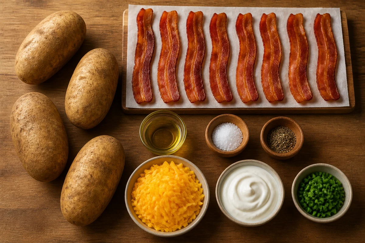 Four russet potatoes, olive oil, salt, pepper, cheddar, eight bacon strips, sour cream, and green onions