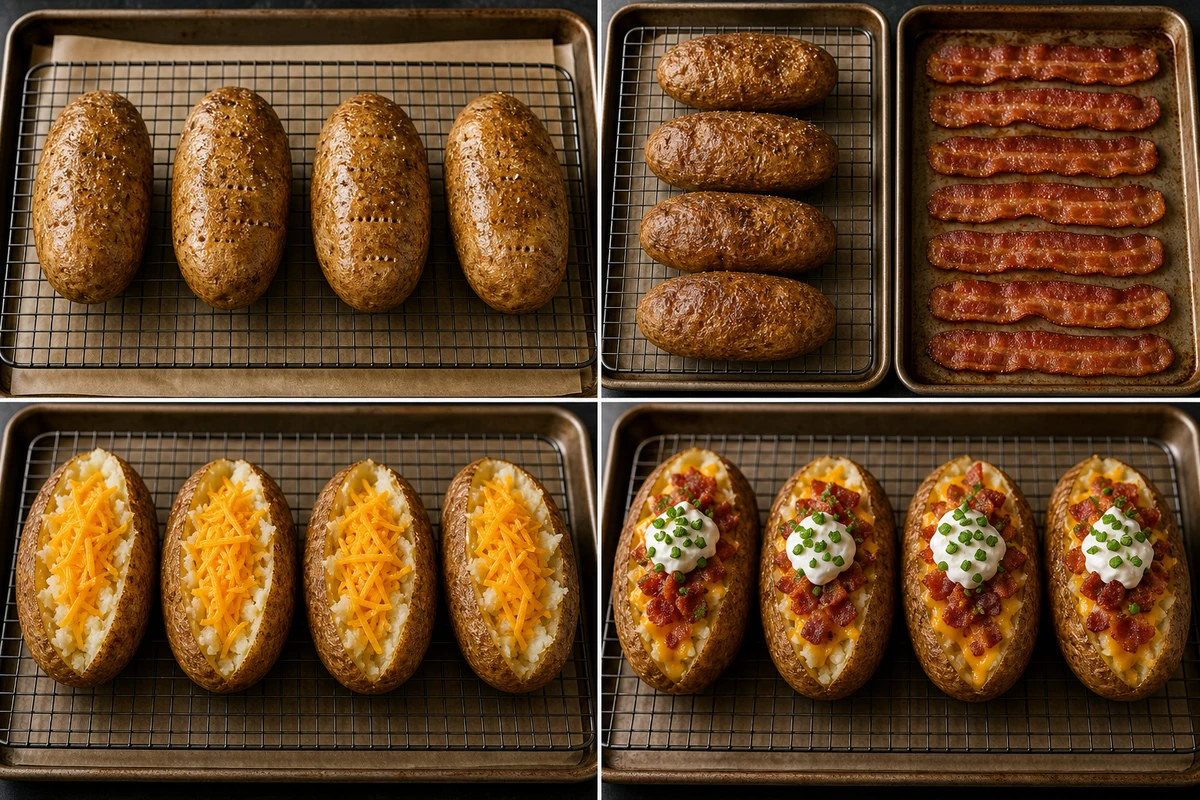 Four stages showing russet potatoes oiled and seasoned, baked on a rack, opened and fluffed, then loaded with cheddar and bacon