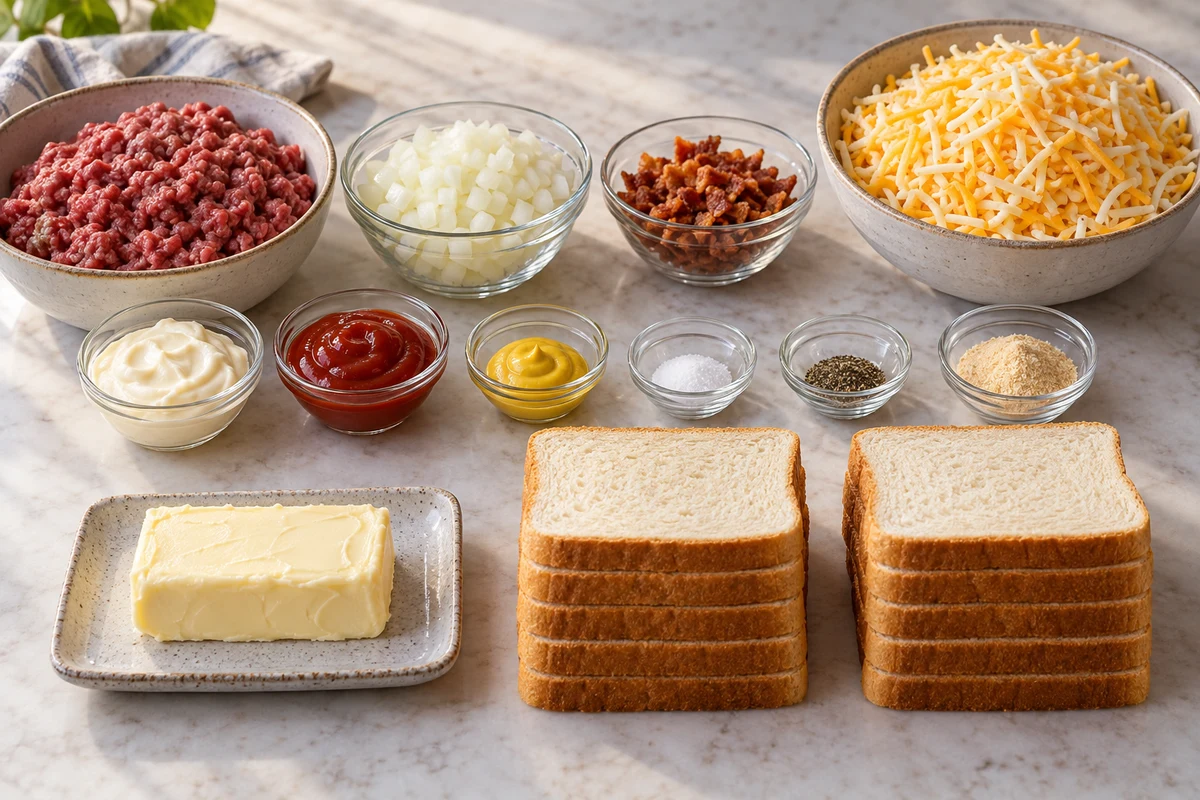 Lean beef, onion, bacon bits, mayonnaise, ketchup, mustard, seasonings, twelve bread slices, butter, and mozzarella-cheddar
