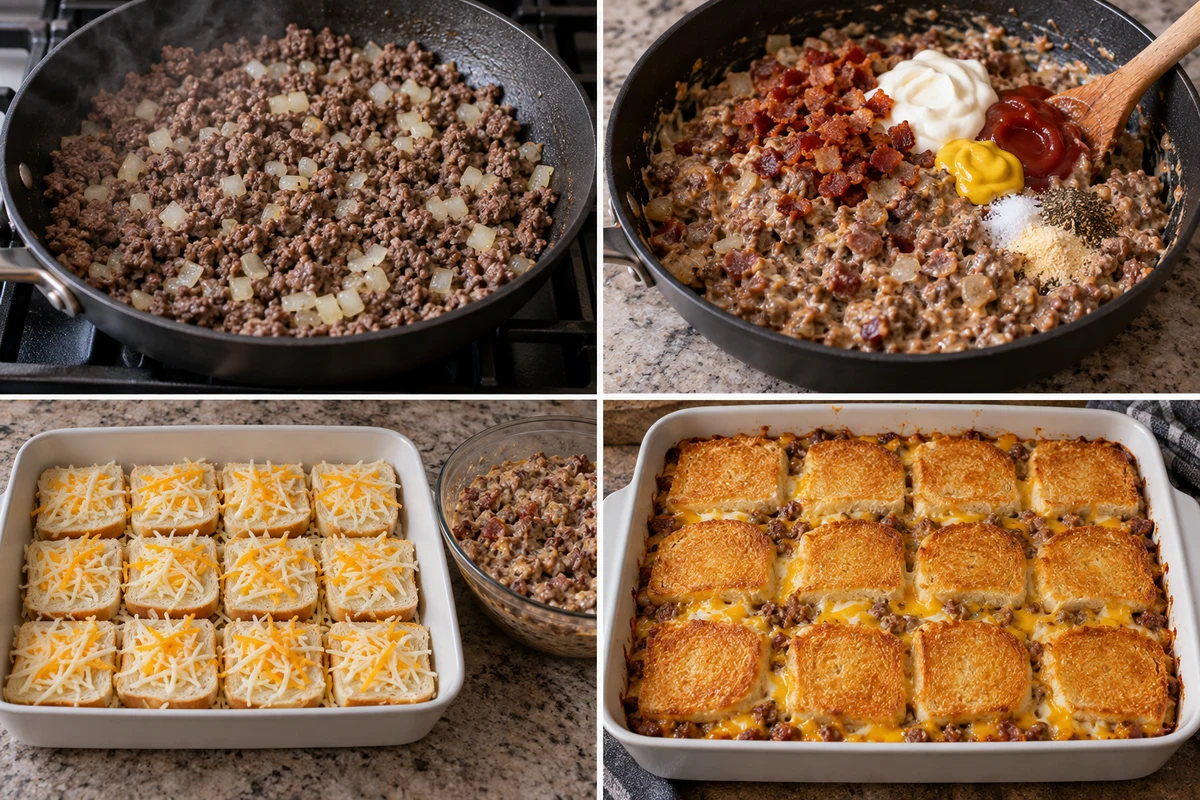 Four stages showing beef and onion browned, burger condiments mixed in, twelve bread halves layered with cheese, and casserole baked golden