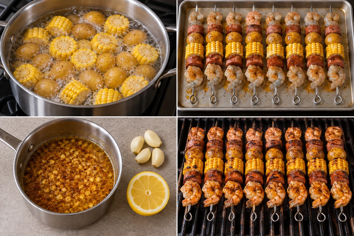 Four stages showing potatoes and corn parboiled, eight seafood skewers threaded, crab boil garlic butter melted, and skewers grilled and basted