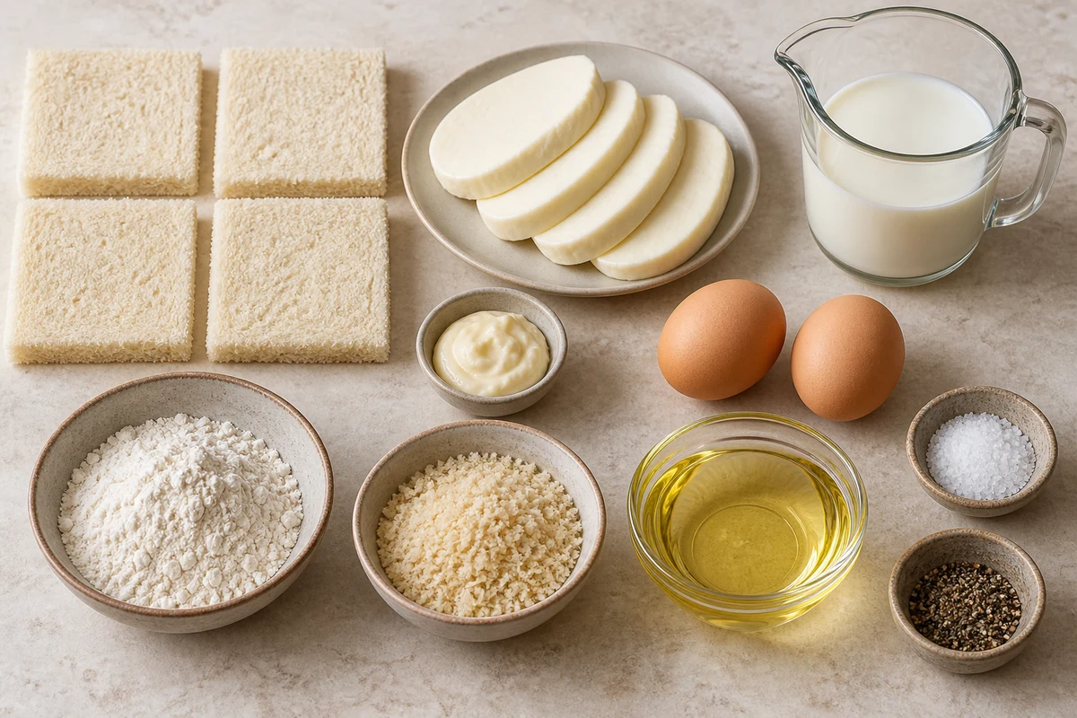 Four crustless bread slices, low-moisture mozzarella, mayonnaise, eggs, milk, flour, panko, vegetable oil, salt, and pepper