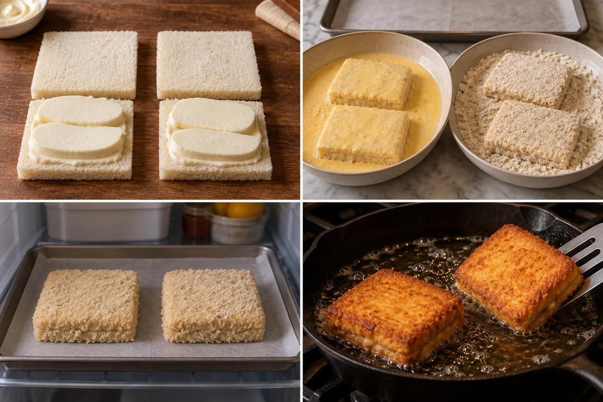 Four stages showing two mozzarella sandwiches assembled, dipped and coated, chilled on parchment, and fried golden