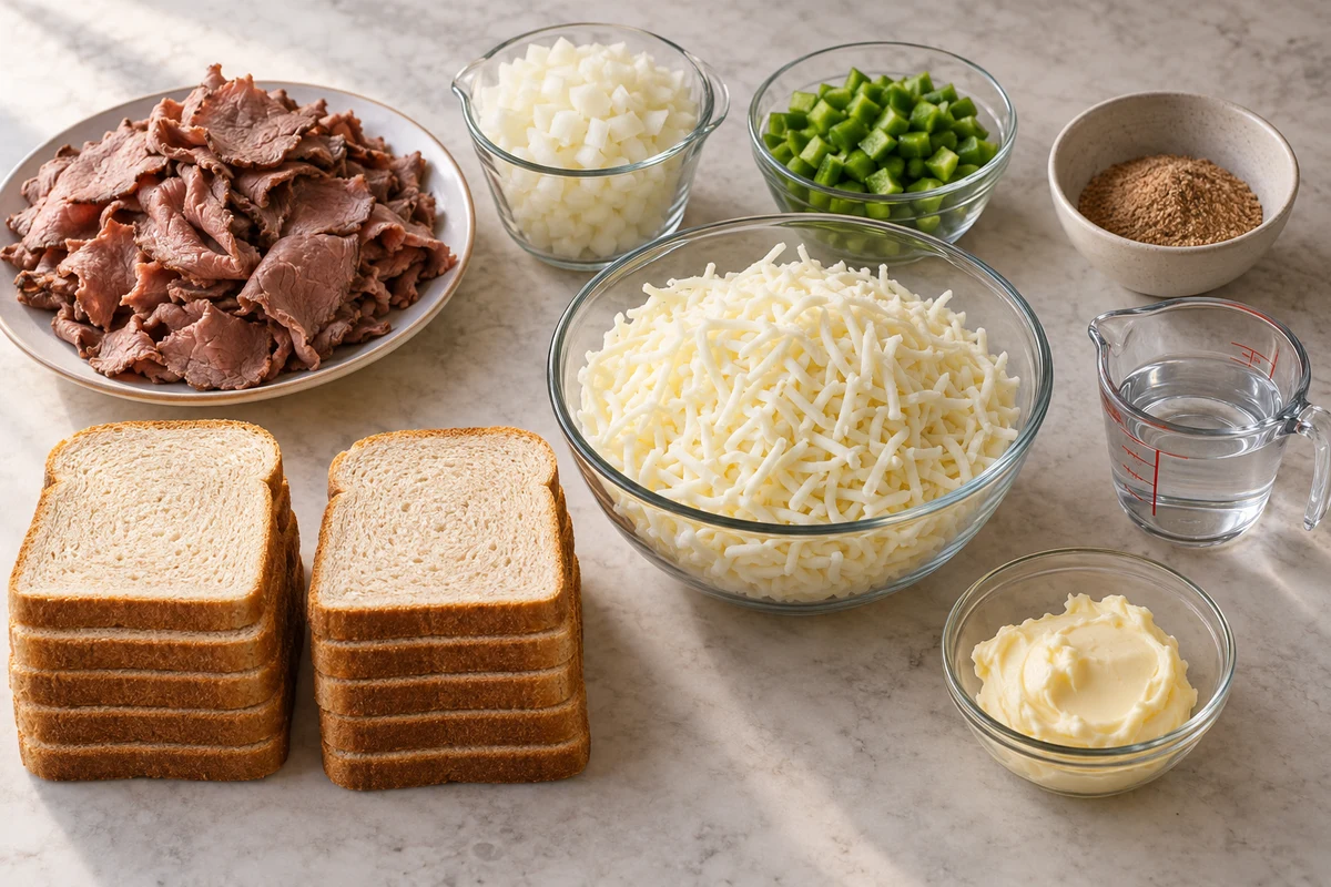 Roast beef, yellow onion, green bell pepper, gravy mix, water, twelve bread slices, butter, and mozzarella