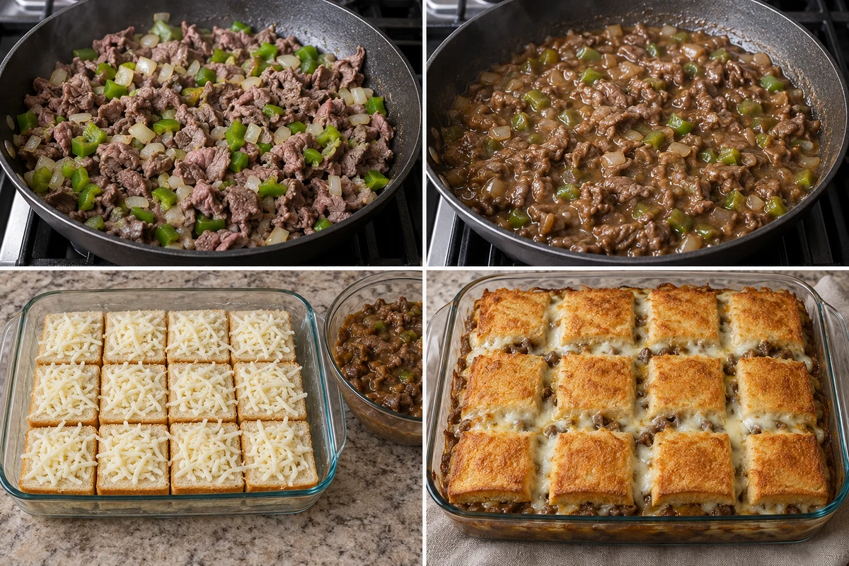 Four stages showing roast beef and peppers cooked, gravy stirred in, twelve bread halves layered with mozzarella, and casserole baked golden
