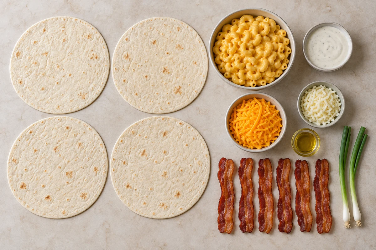 Macaroni and cheese, six bacon strips, ranch, cheddar, mozzarella, four tortillas, olive oil, and two green onions