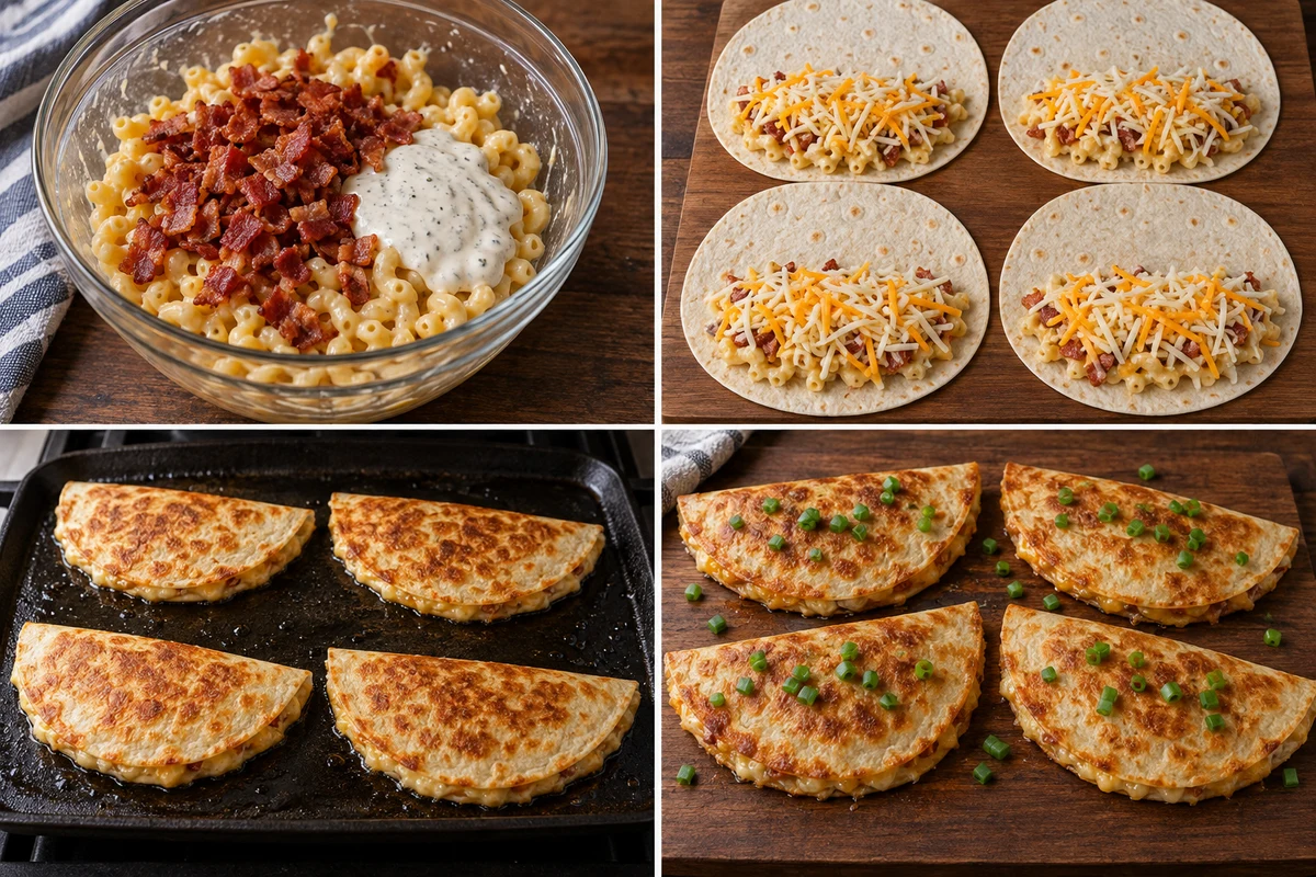 Four stages showing bacon ranch macaroni mixed, four tortillas filled, four quesadillas cooked golden, and four finished with green onion