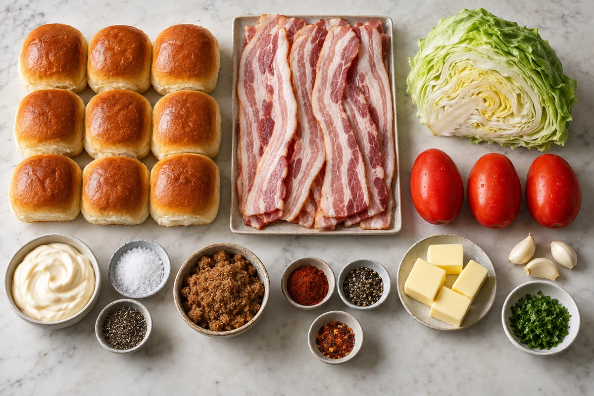 Nine slider buns, thick bacon, iceberg, Roma tomatoes, mayonnaise, candied-bacon spices, butter, garlic, and parsley