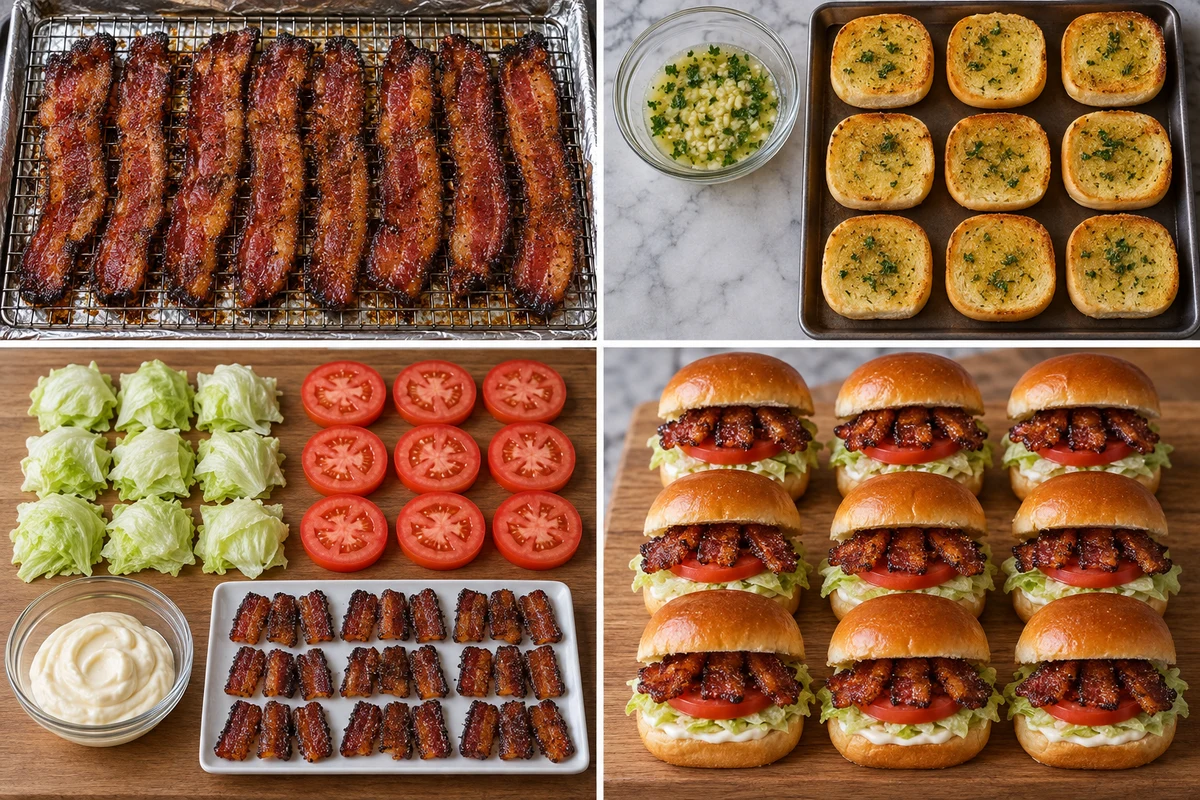 Four stages showing bacon candied on a rack, nine buns toasted with garlic butter, BLT components portioned, and nine sliders assembled