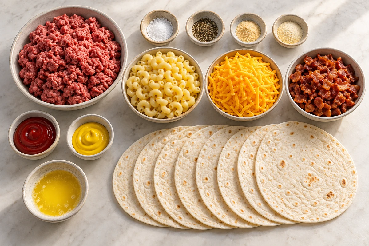 Ground beef, seasonings, cooked macaroni, cheddar, bacon, ketchup, mustard, eight tortillas, and melted butter