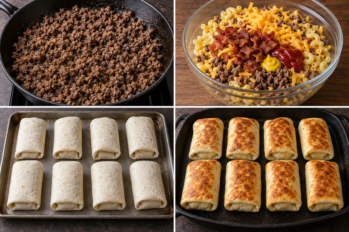 Four stages showing beef browned, macaroni filling mixed, eight tortillas rolled, and eight rolls toasted golden
