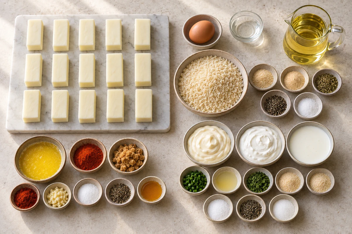 Mozzarella pieces, egg, oil, seasoned panko, Nashville hot sauce ingredients, and buttermilk ranch ingredients