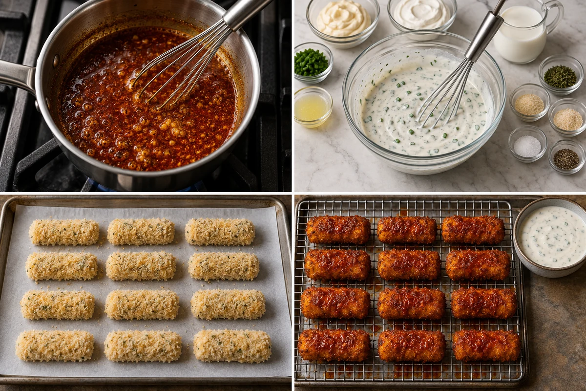 Four stages showing Nashville sauce whisked, ranch mixed, twelve mozzarella sticks double breaded, and twelve fried sticks sauced
