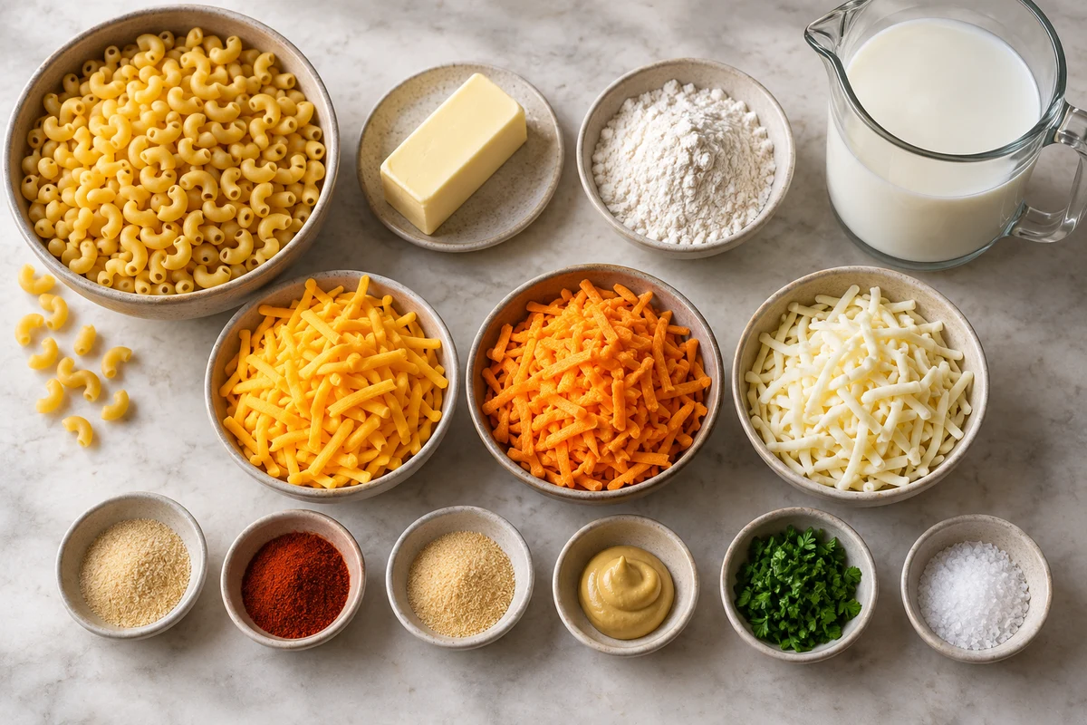 Dried macaroni, butter, flour, milk, cheddar, Red Leicester, mozzarella, onion powder, paprika, garlic, Dijon, parsley, and salt