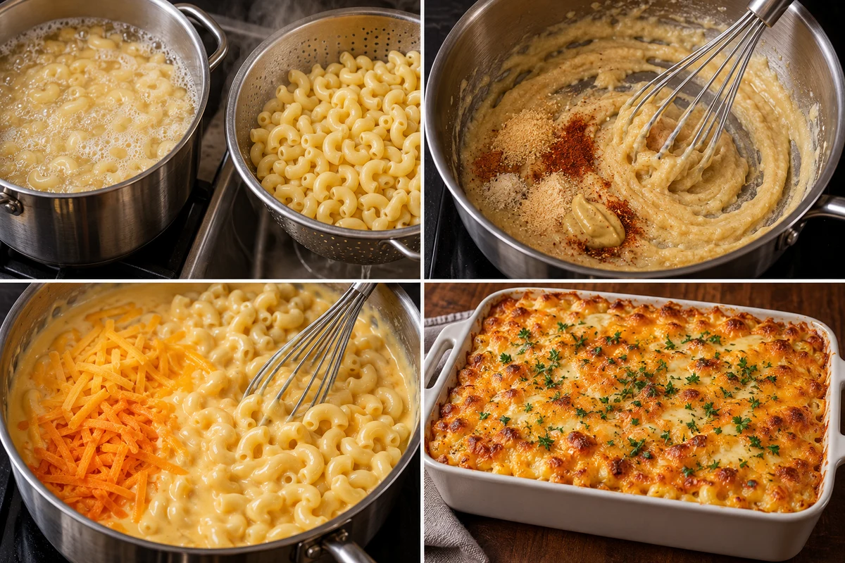 Four stages showing macaroni cooked, seasoned roux whisked, cheese sauce folded with pasta, and mac and cheese baked golden