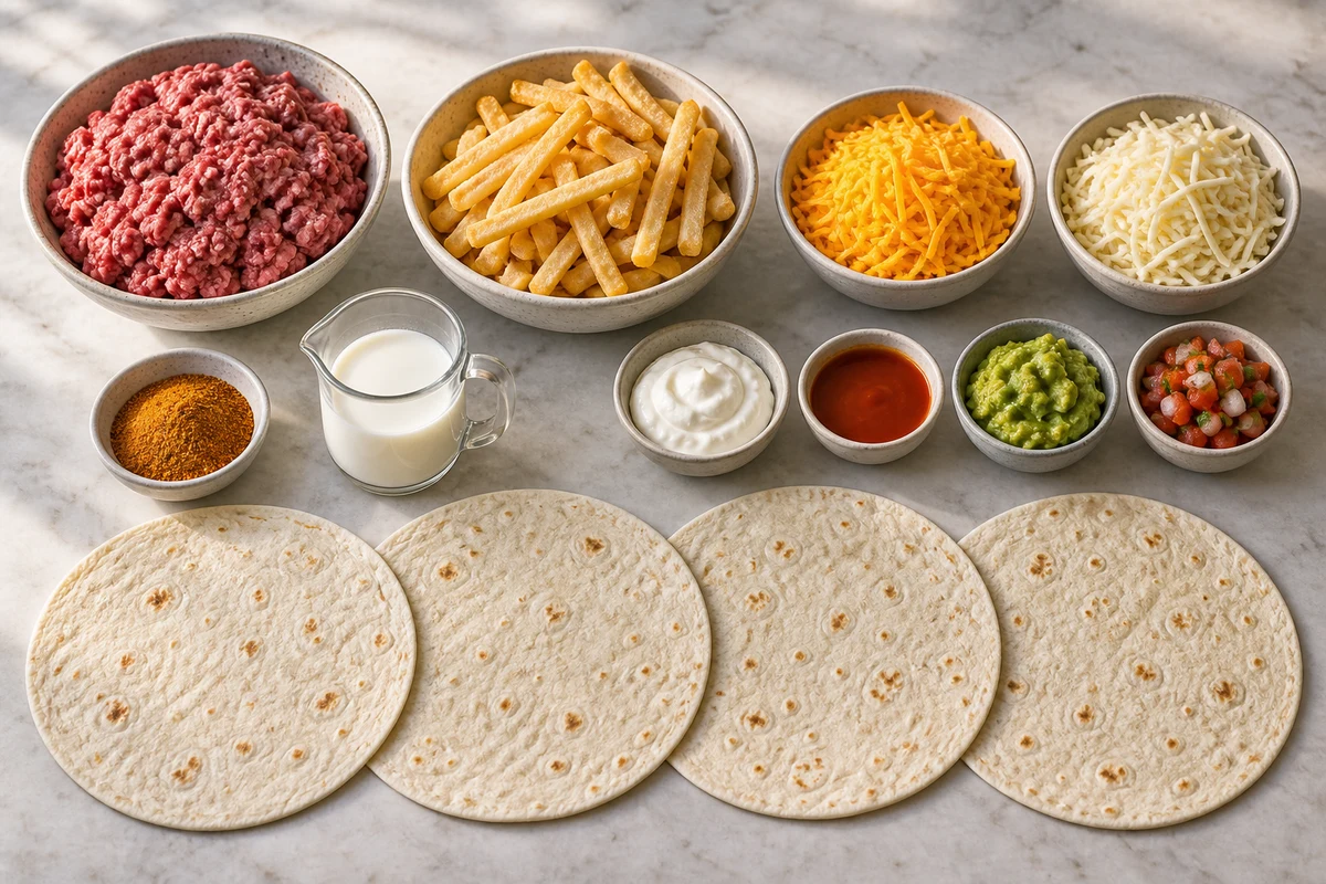 Ground beef, taco seasoning, frozen fries, cheddar, Monterey Jack, milk, four tortillas, and optional toppings