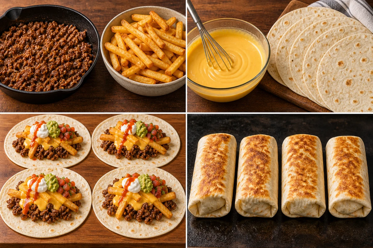 Four stages showing taco beef and fries cooked, two-cheese sauce made, four tortillas filled, and four burritos toasted golden