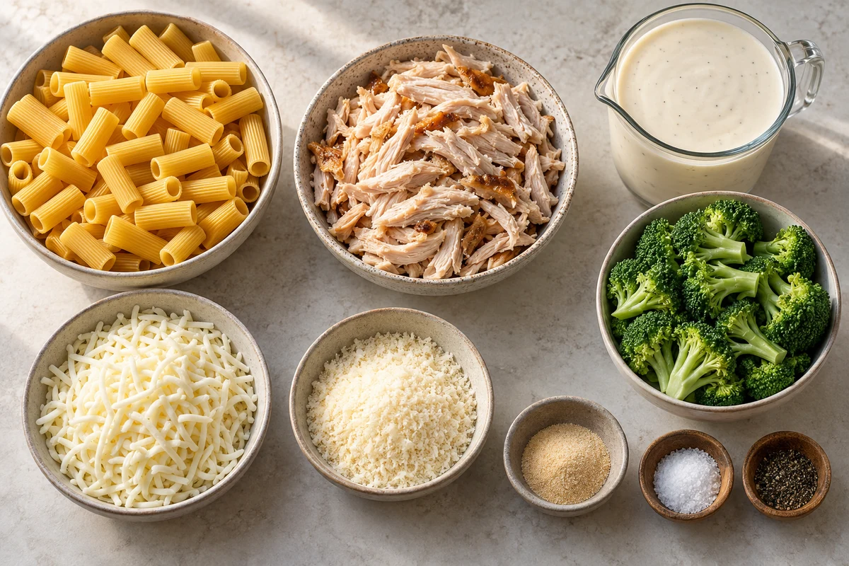 Rigatoni, shredded rotisserie chicken, Alfredo sauce, fresh broccoli, mozzarella, Parmesan, garlic powder, salt, and pepper