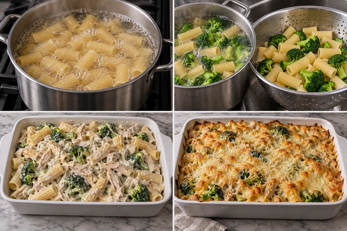 Four stages showing rigatoni undercooked, broccoli added and drained, chicken Alfredo casserole mixed, and cheese baked golden
