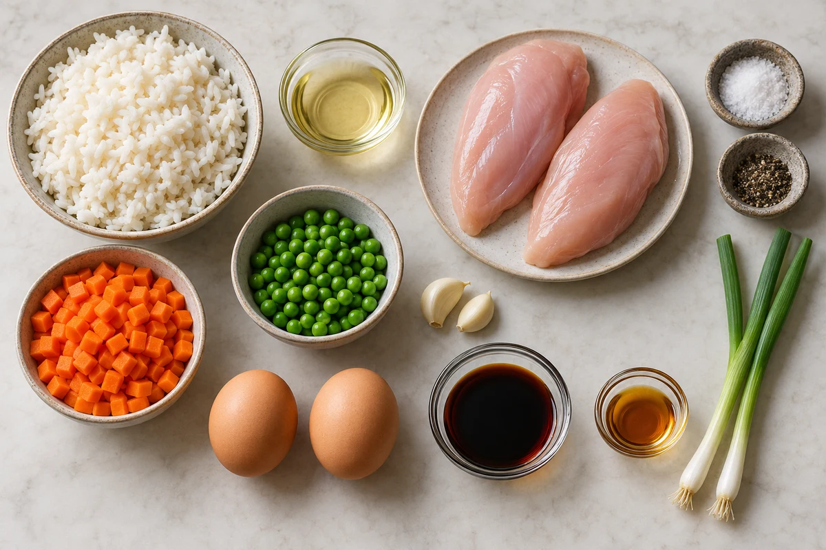 Day-old rice, vegetable oil, two chicken breasts, carrots, peas, garlic, two eggs, soy sauce, sesame oil, and green onions