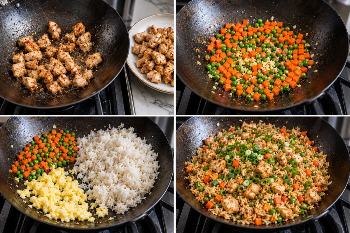 Four stages showing chicken browned, carrots peas and garlic sauteed, two eggs scrambled beside rice, and fried rice finished