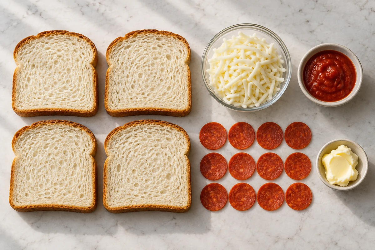 Four thick bread slices, mozzarella, twelve pepperoni slices, marinara sauce, and softened butter