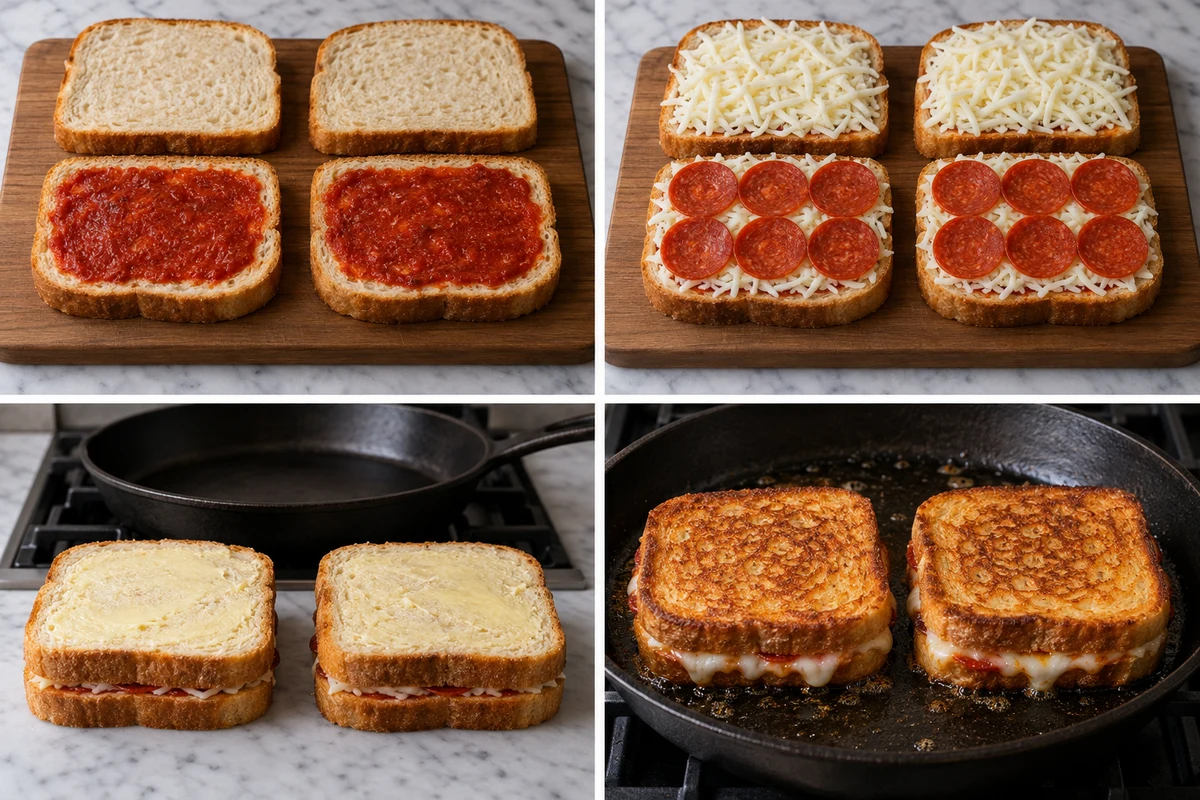 Four stages showing four bread slices sauced, two sandwiches layered with six pepperoni each, buttered, and grilled golden