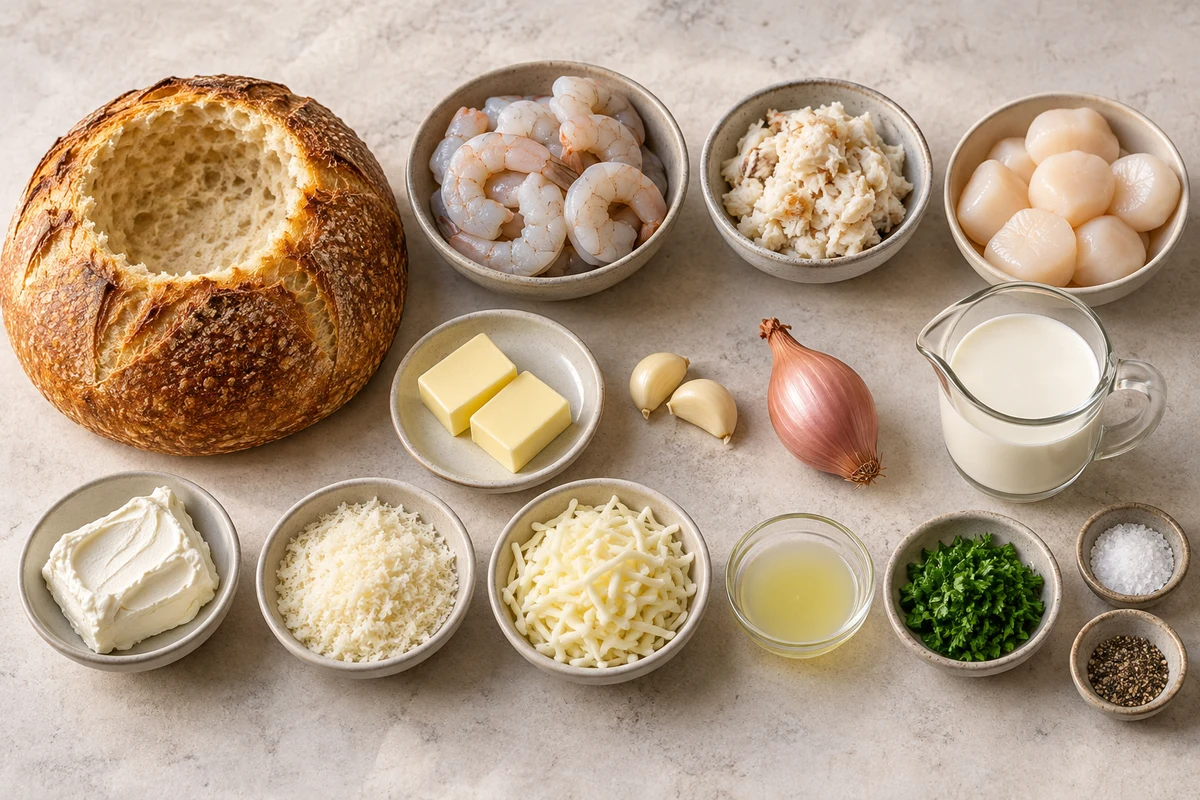 Round bread bowl, shrimp, crab, scallops, butter, garlic, shallot, cream, cream cheese, Parmesan, mozzarella, lemon, and parsley