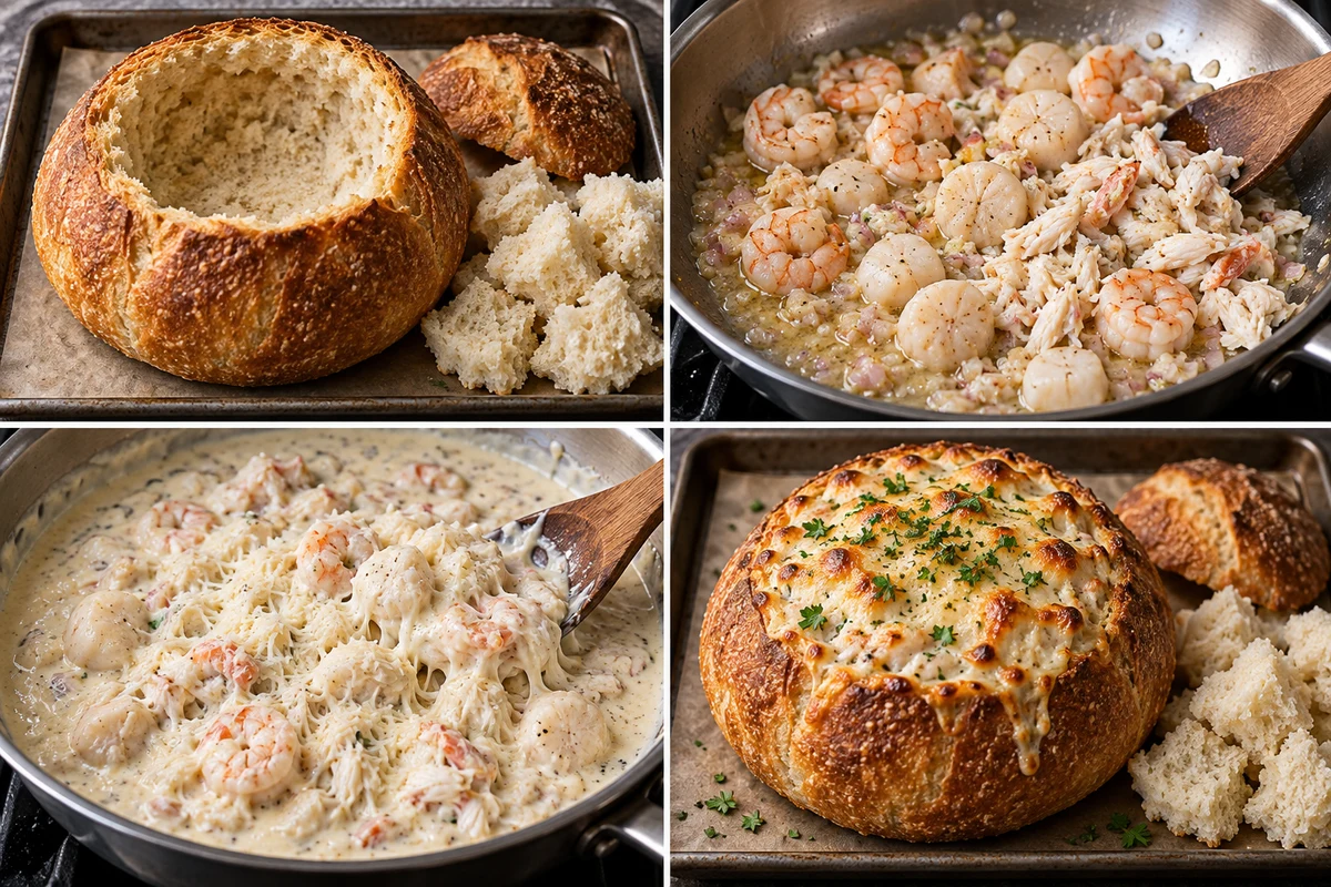 Four stages showing one bread bowl hollowed and toasted, seafood sauteed, creamy cheese sauce made, and filled bowl baked golden