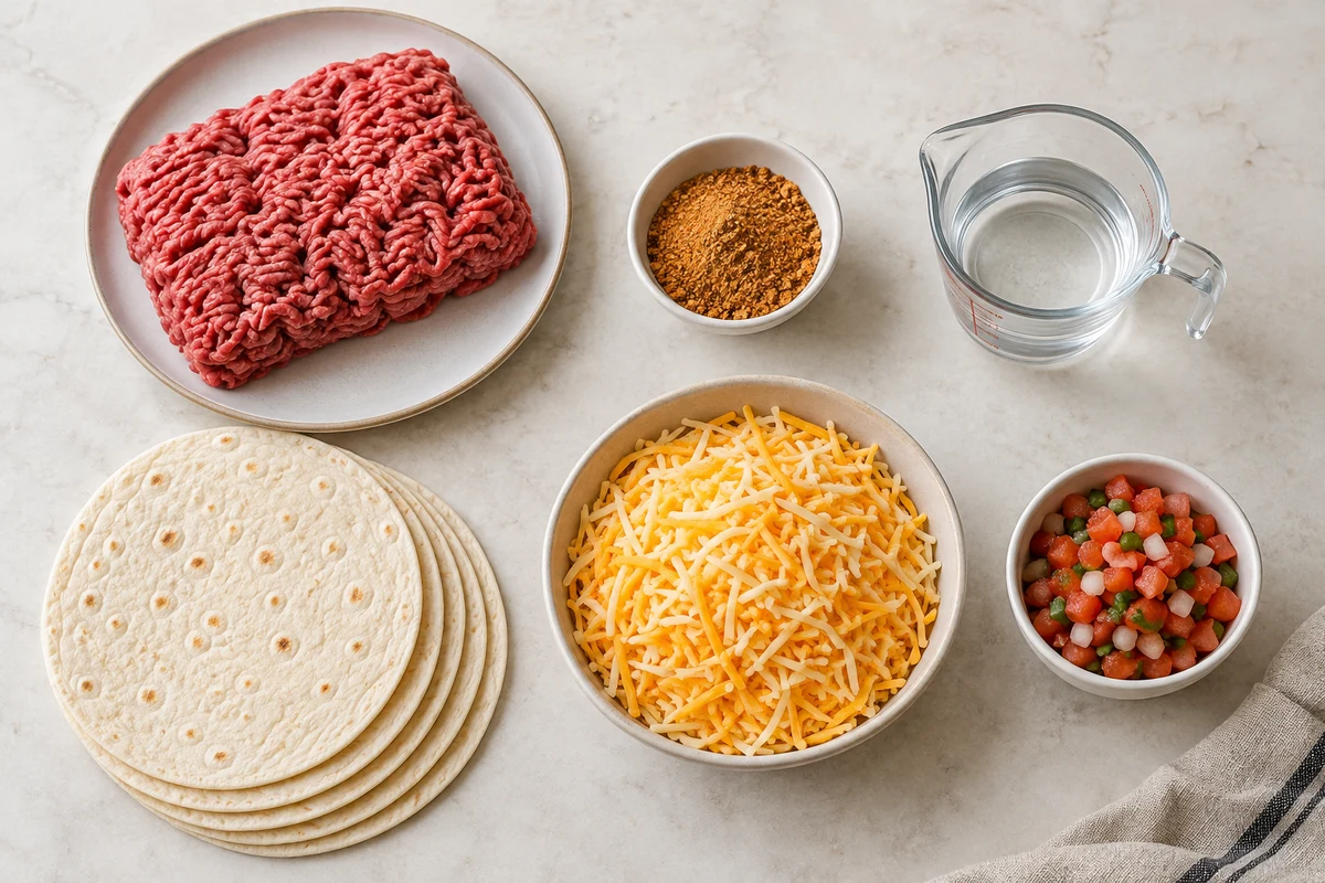 Ground beef, taco seasoning, water, six flour tortillas, Mexican cheese blend, and pico de gallo for Beef Meximelts