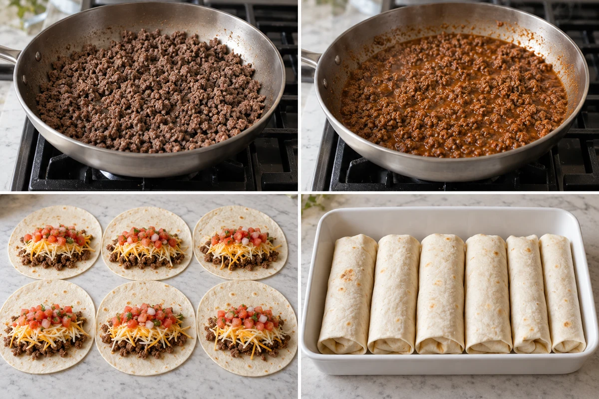 Four stages showing finely browned beef, seasoned beef simmering, six Meximelts assembled, and six soft rolled Meximelts