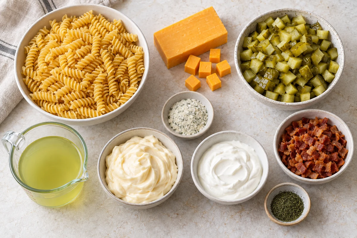 Rotini, cheddar, diced dill pickles, ranch seasoning, mayonnaise, sour cream, pickle juice, bacon, and dried dill