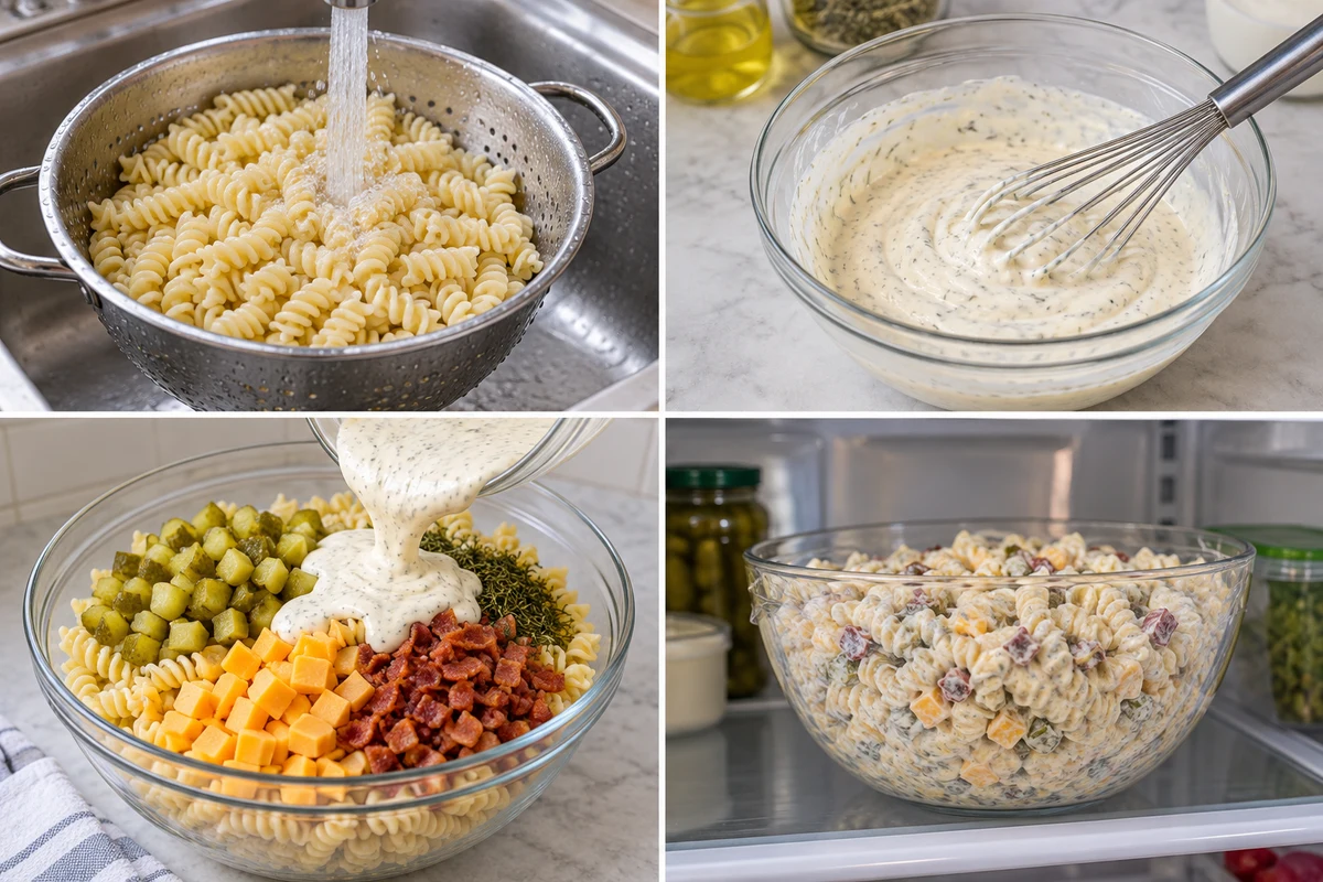 Four stages showing rotini cooled, creamy pickle ranch dressing whisked, salad ingredients combined, and pasta salad chilled