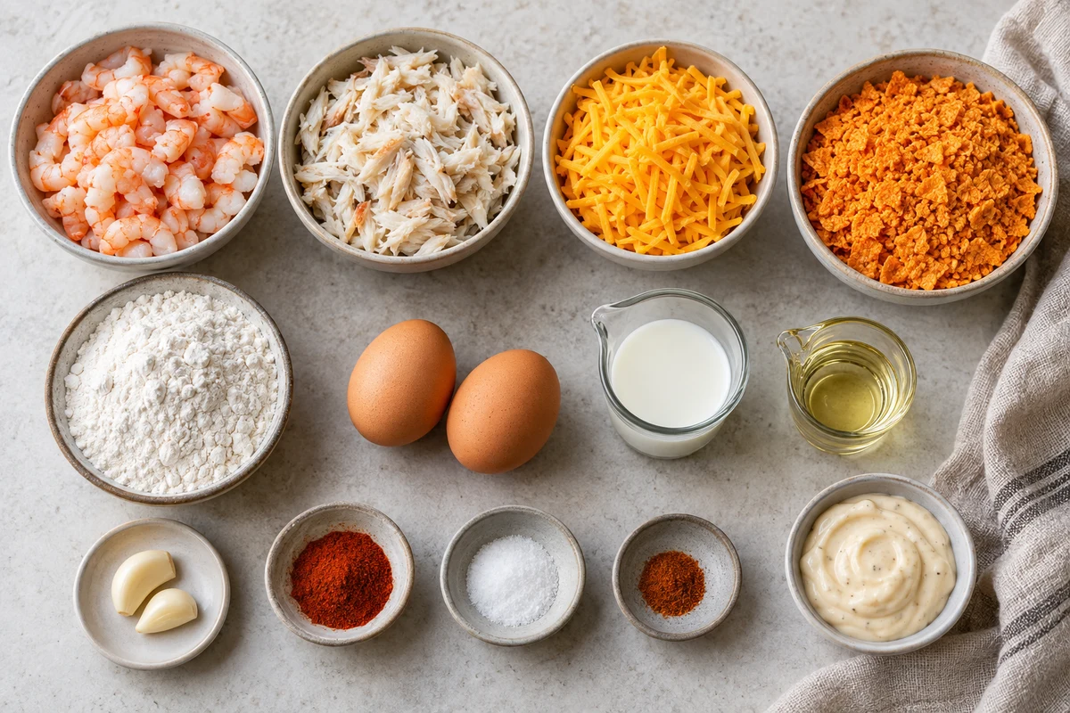 Cooked shrimp, crab, cheddar, crushed nacho chips, flour, eggs, milk, garlic, spices, oil, and aioli