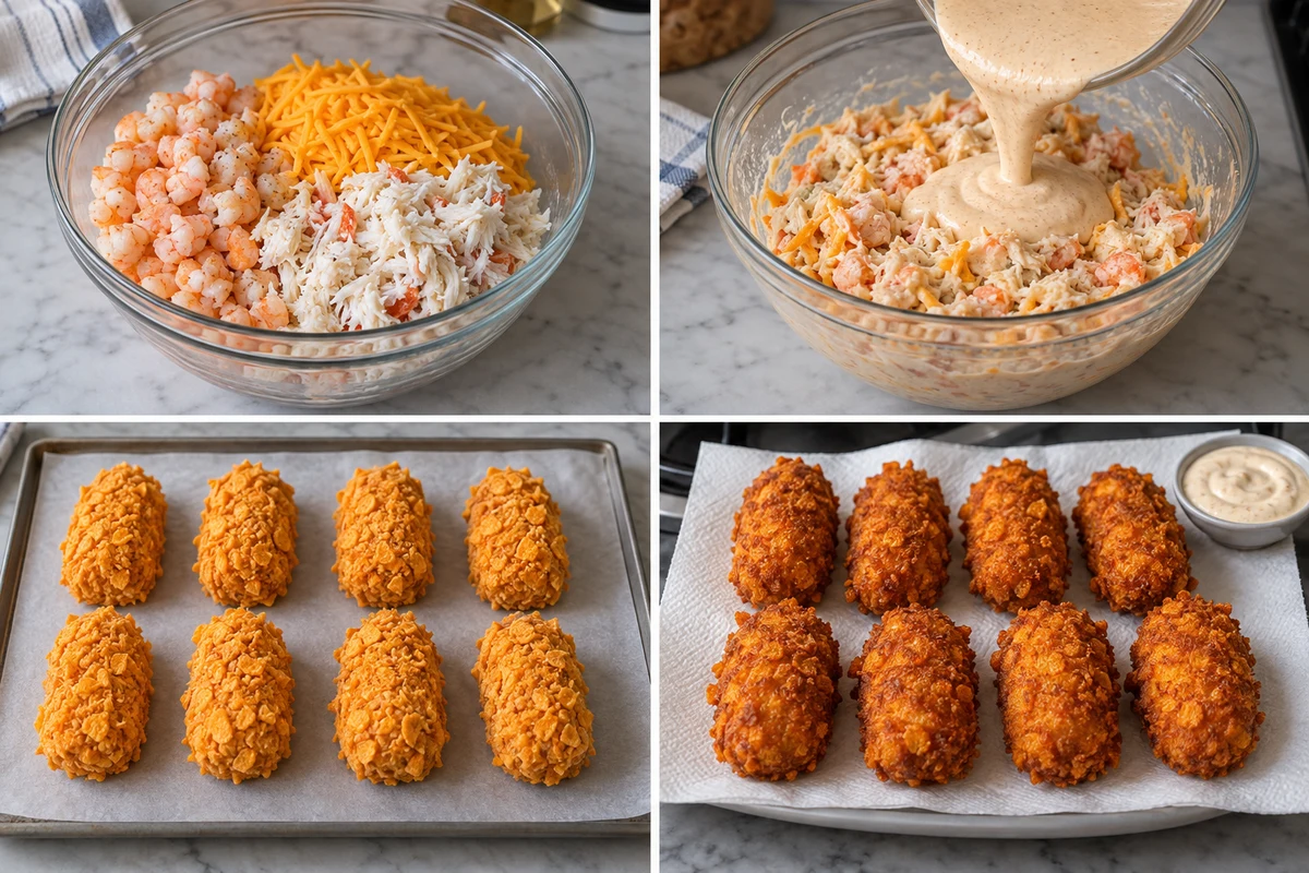 Four stages showing seafood and cheese mixed, batter folded in, eight chip-coated logs shaped, and eight crisp pieces drained