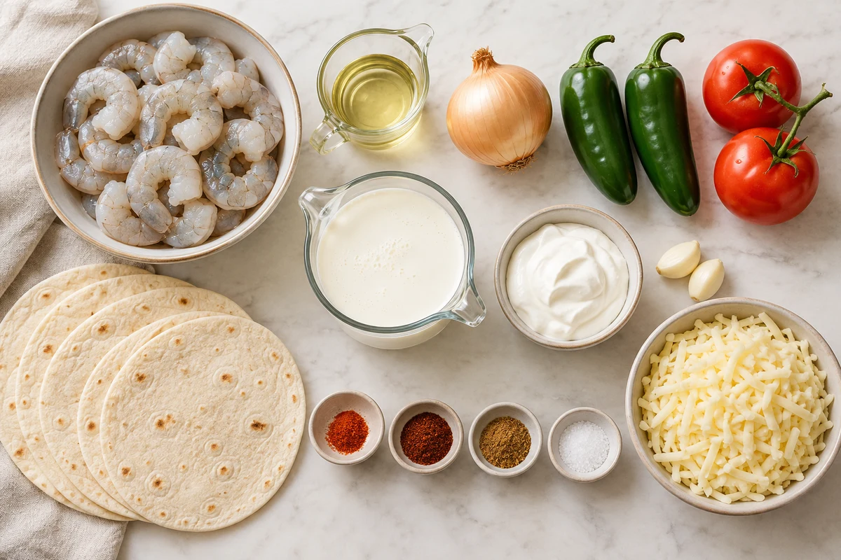 Shrimp, oil, onion, jalapeños, tomatoes, cream, sour cream, garlic, spices, four tortillas, and Monterey Jack