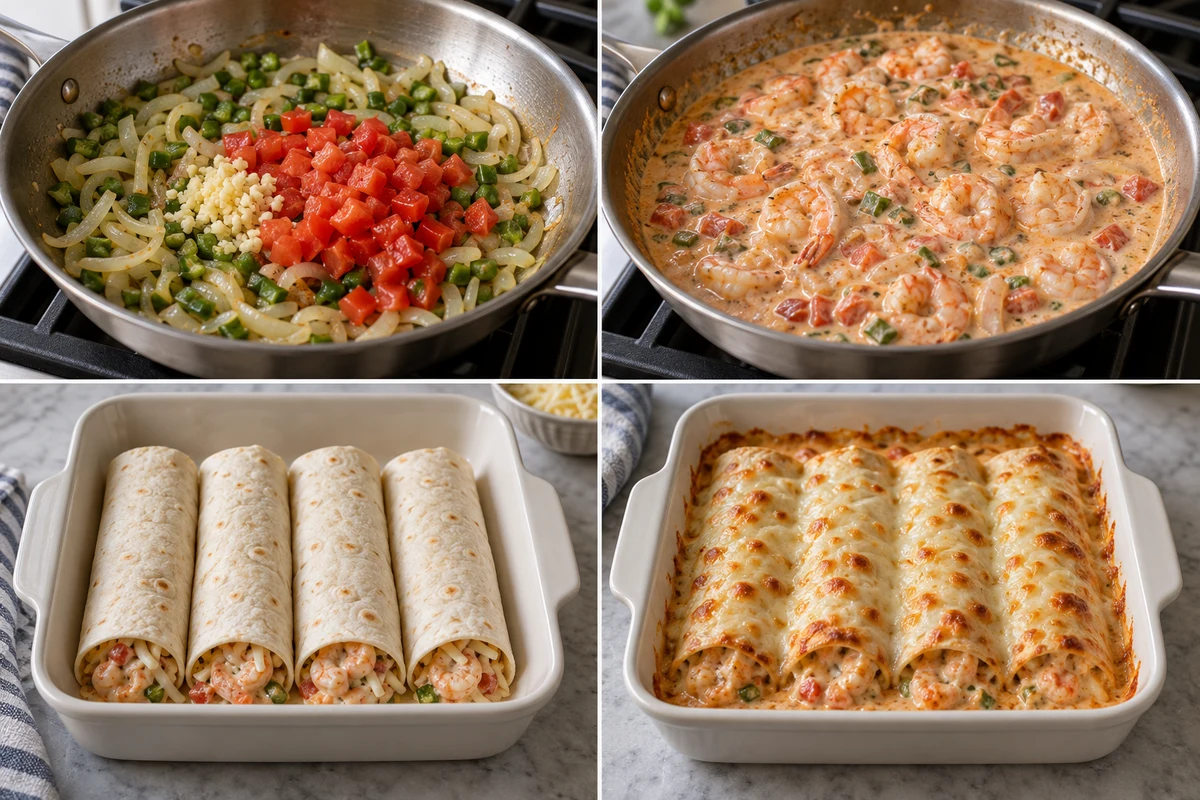 Four stages showing vegetables sautéed, shrimp cooked in cream sauce, four tortillas rolled, and four enchiladas baked with cheese