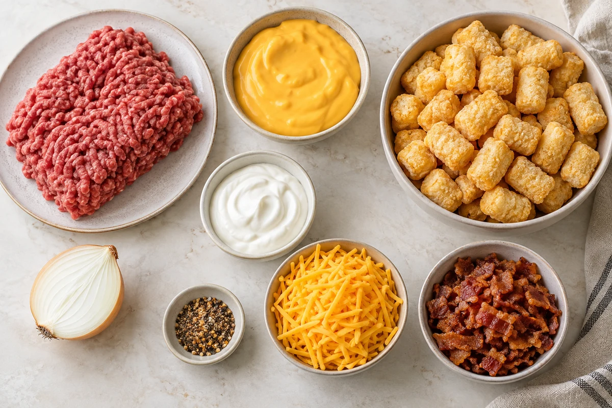 Ground beef, cheddar cheese soup, sour cream, cheddar, bacon, half an onion, steak seasoning, and frozen tater tots