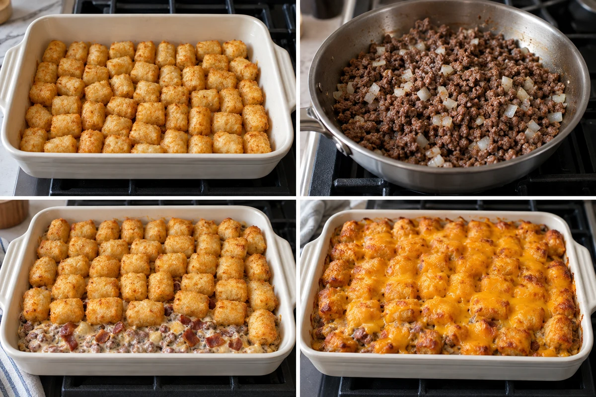 Four stages showing tater tots pre-baked, beef and onion browned, creamy beef layered under tots, and cheddar baked bubbly